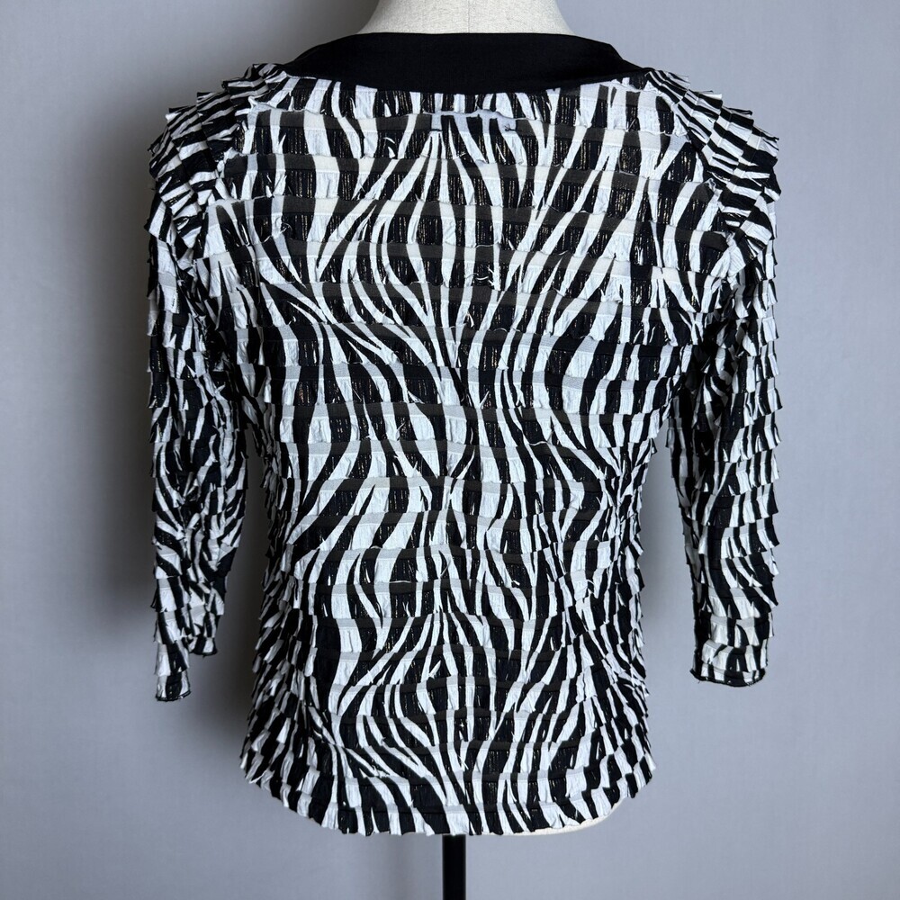 Investments Women's Ruffle Zebra Print Blouse Sz L Black White Gold 3/4 Sleeves - Picture 10 of 14